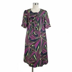 Vintage DKNY 100% Silk Geometric Mini Dress Purple and Green Super Mod Retro